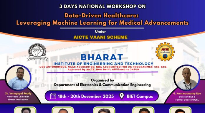 AICTE -ATAL Academy sponsored Three Days Workshop is being organised at Bharat Institute of Engineering and Technology under the VAANI scheme